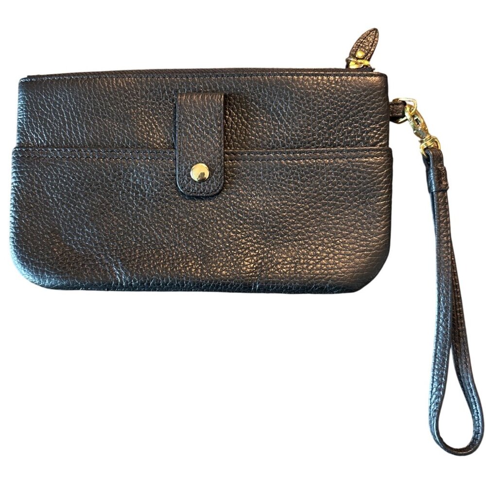 Lodis Wristlet Black Pebbled Leather 5" X‎ 8" Wallet Goldtone With Strap